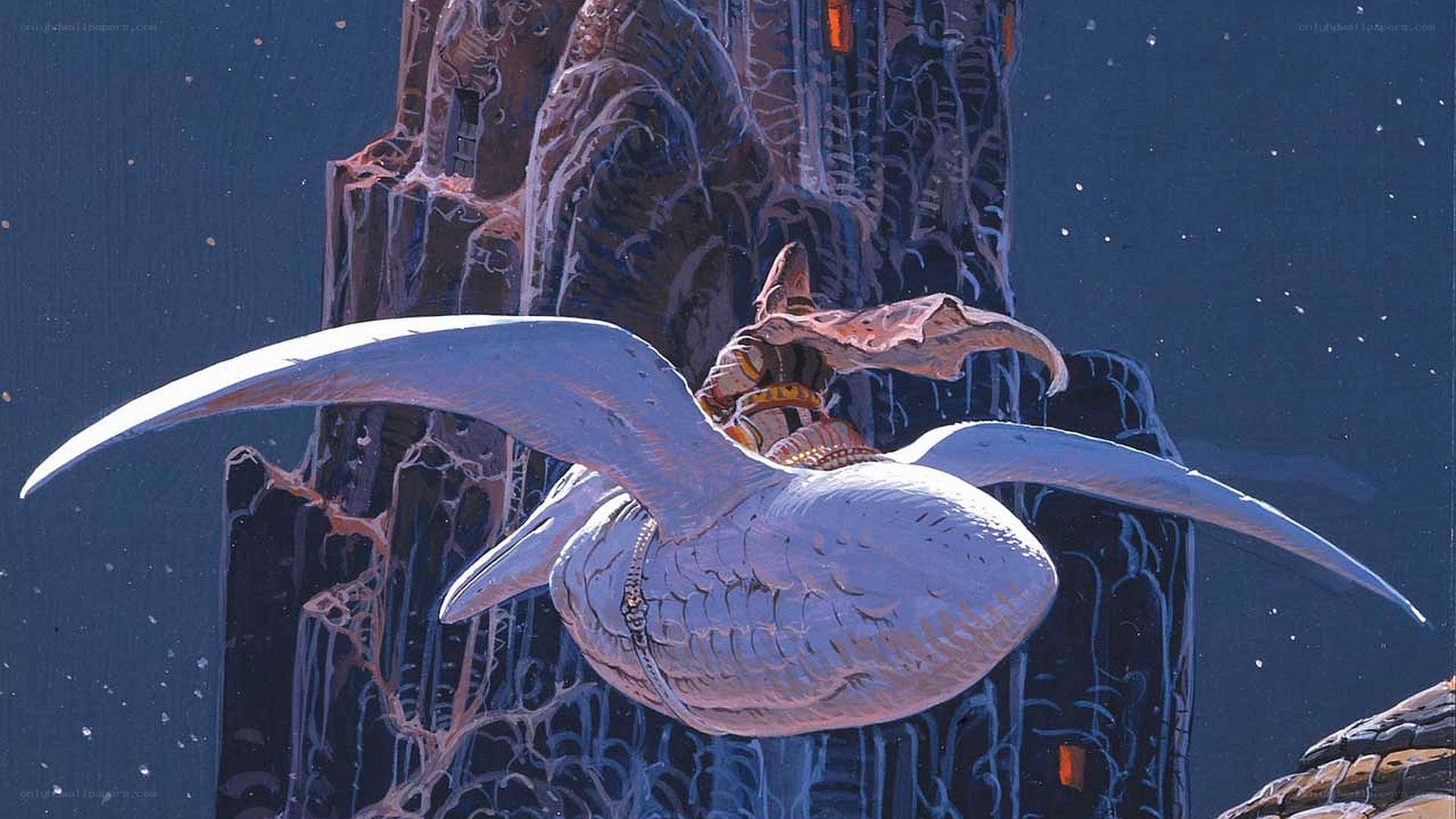 flying creature near alien structure