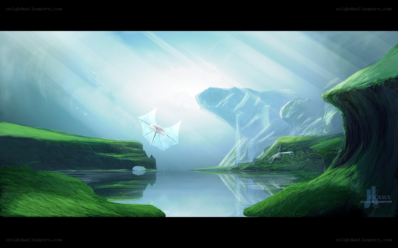 flying creature over a serene lake