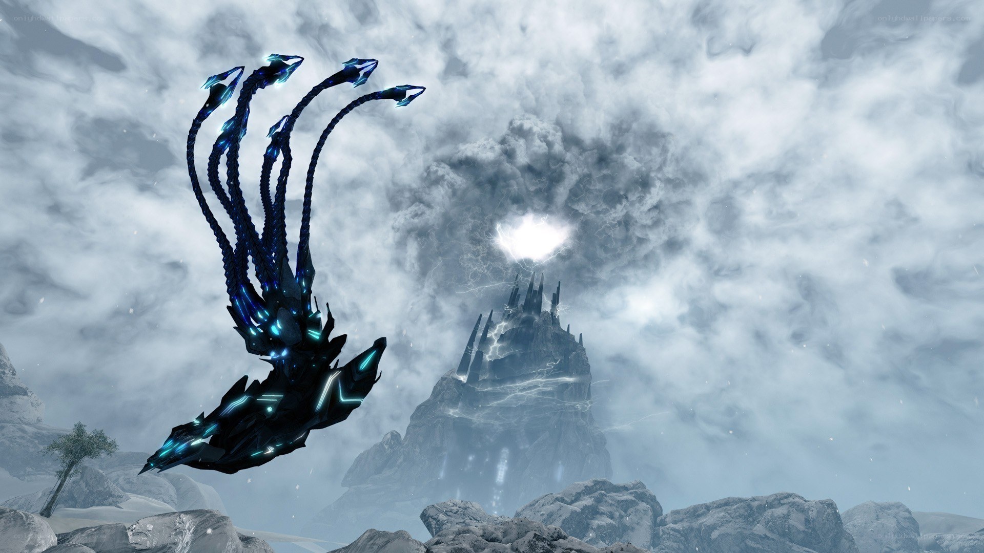 flying creature over castle