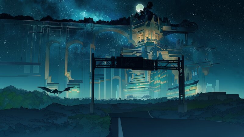 Flying Creature over City — Blue