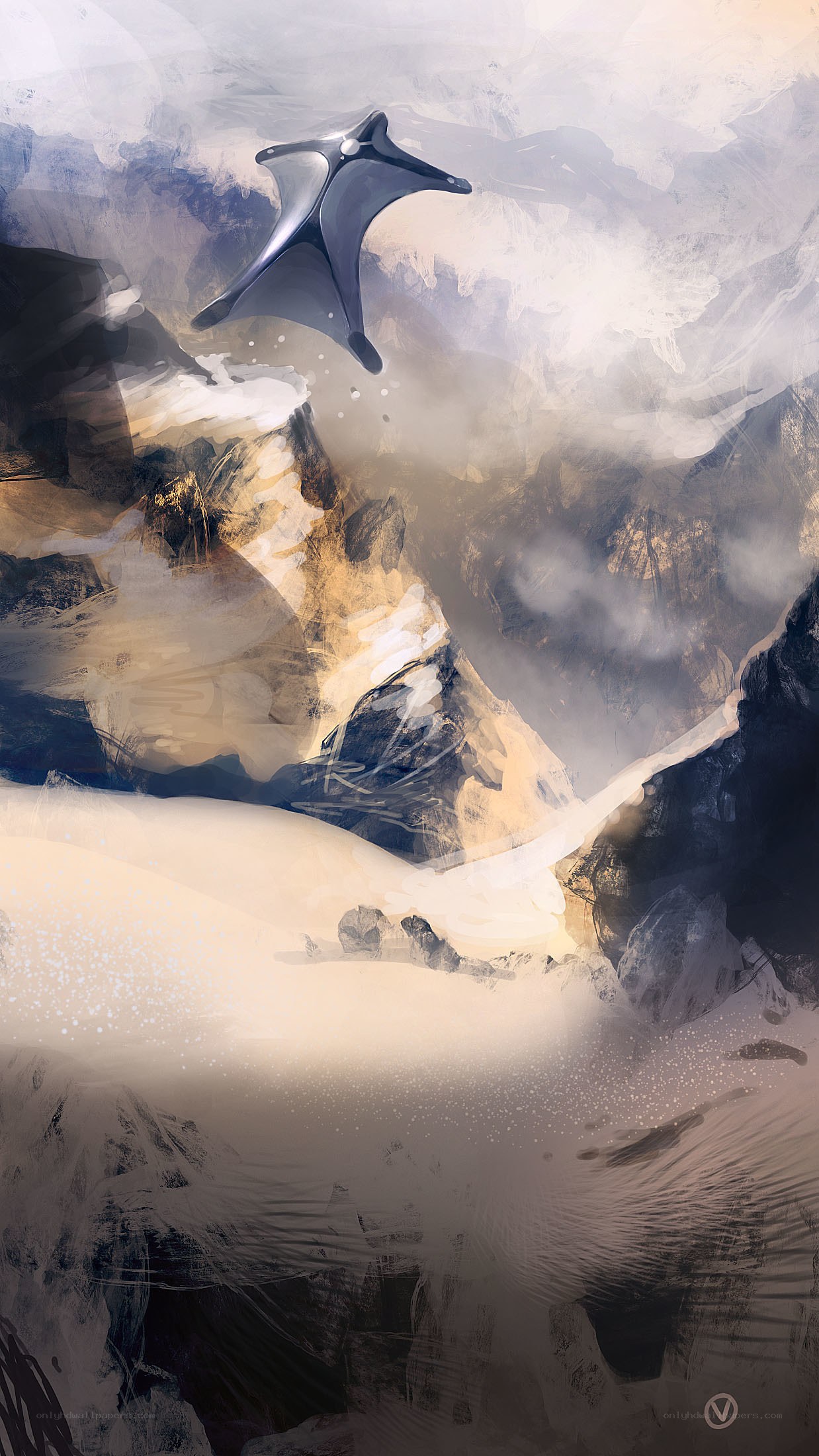 Flying creature over snowy mountains