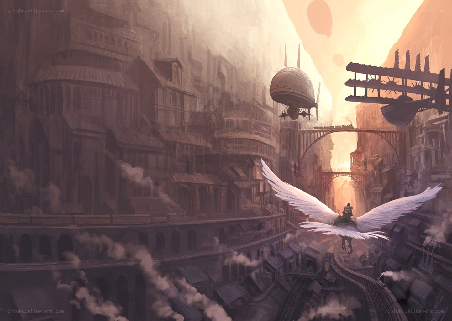 Flying creature over steampunk city