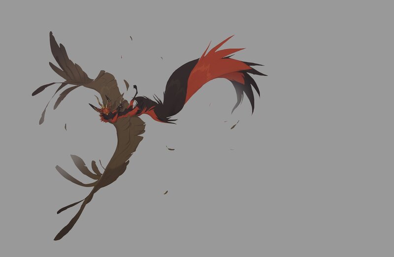 flying creature with red and black feathers