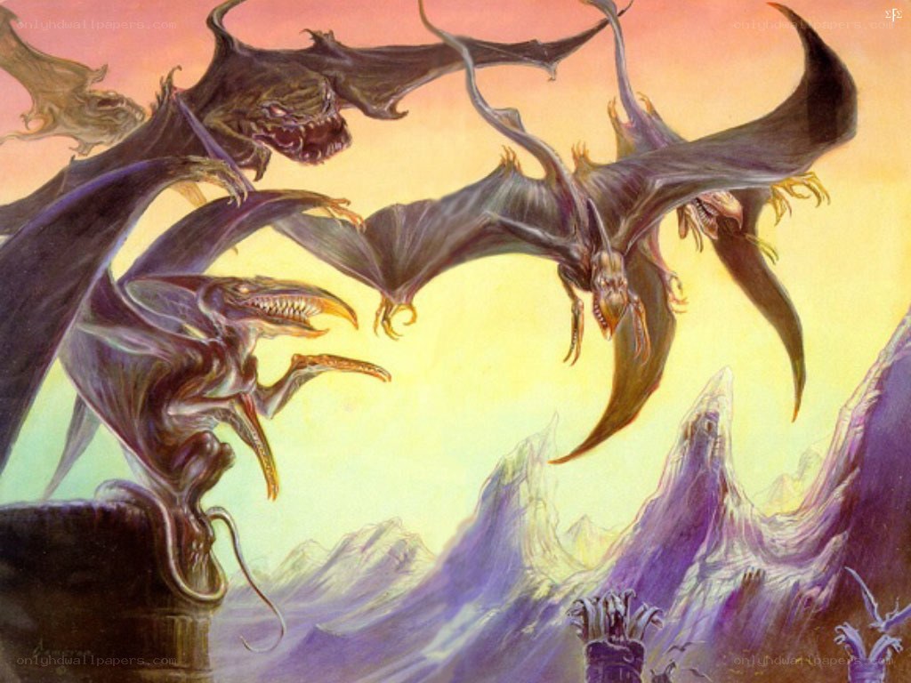 Flying creatures in a fantasy landscape