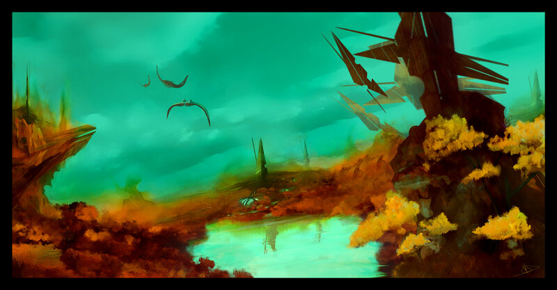 Flying Creatures over Alien Landscape — Teal