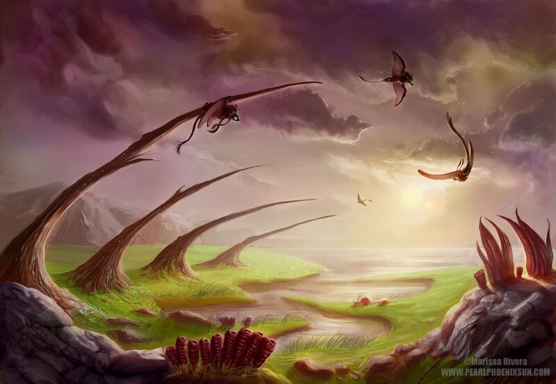 Flying creatures over alien landscape