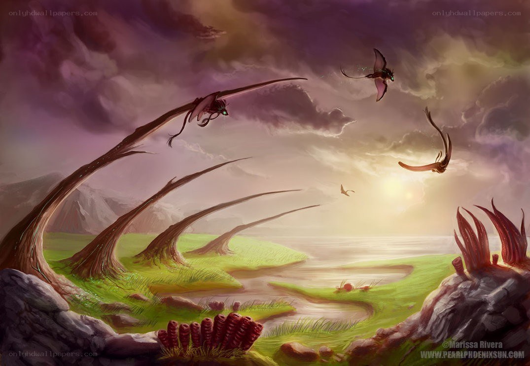Flying creatures over alien landscape