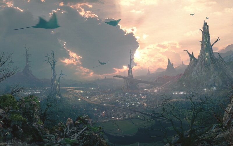 Flying Creatures over City — Gray, Dramatic, Sunset, Digital Art, Trees, Sky, Green