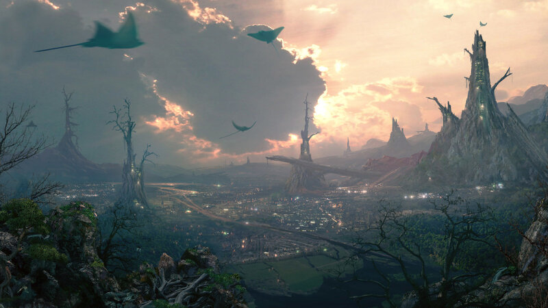 Flying Creatures over City — Gray, Dramatic, Sunset, Digital Art, Trees, Sky