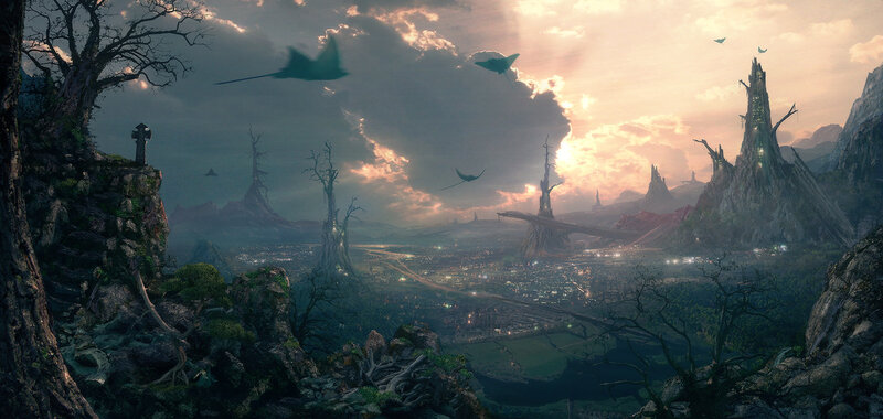 Flying Creatures over City — Gray, Dramatic