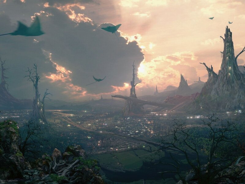 Flying Creatures over City — Gray