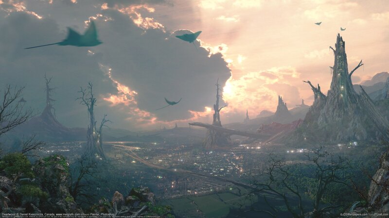 Flying Creatures over City — Green