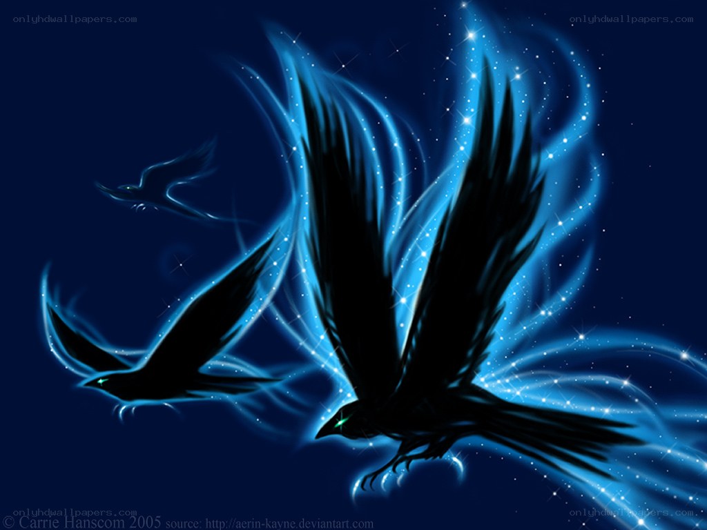 flying crows with blue energy