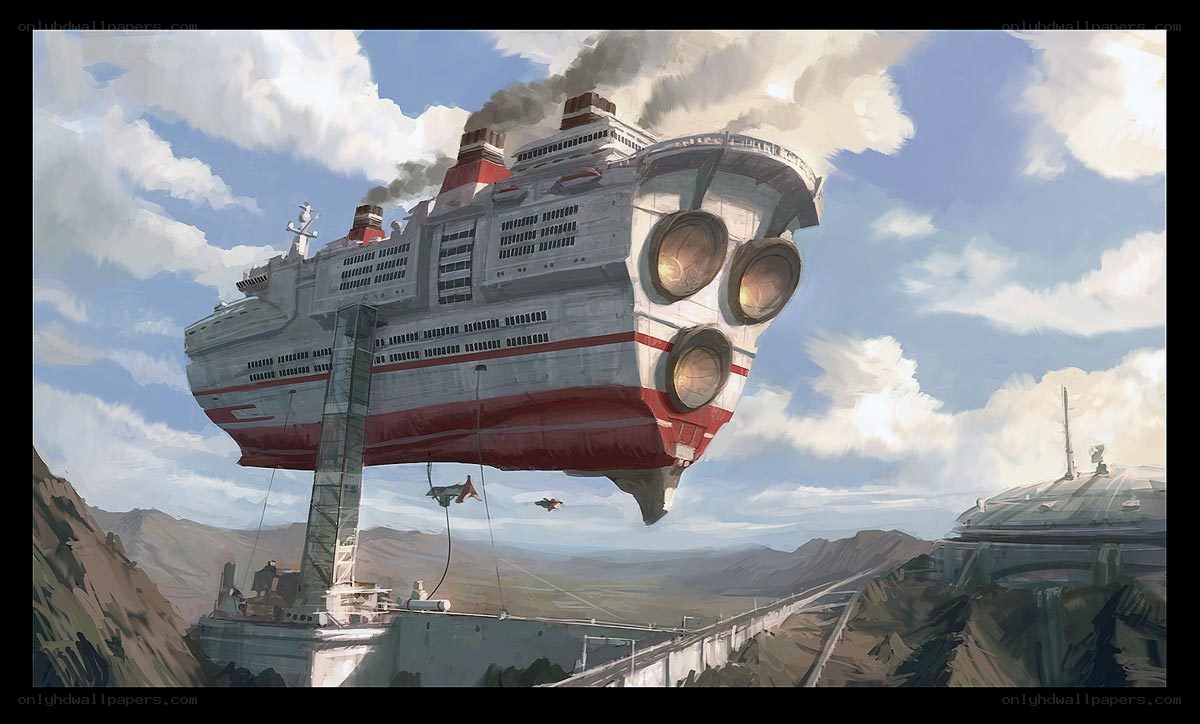 Flying cruise ship in desert