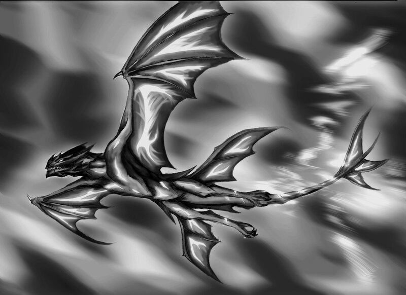 flying dragon in grayscale