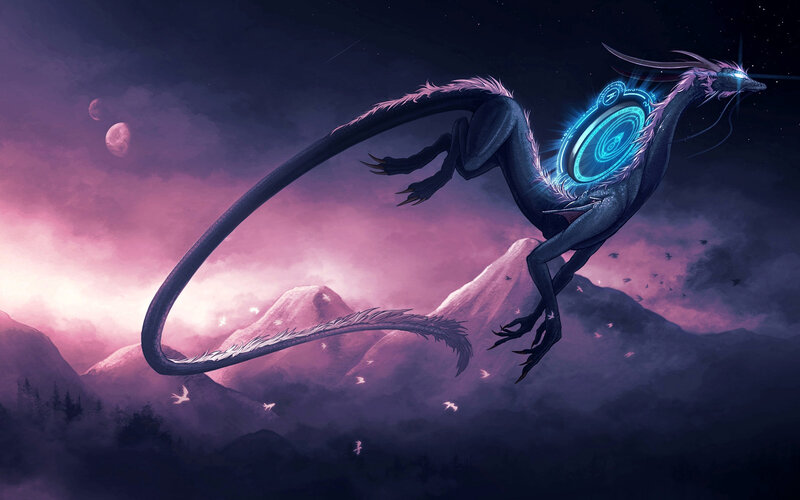Flying Dragon with Glowing Core — Purple, Dramatic