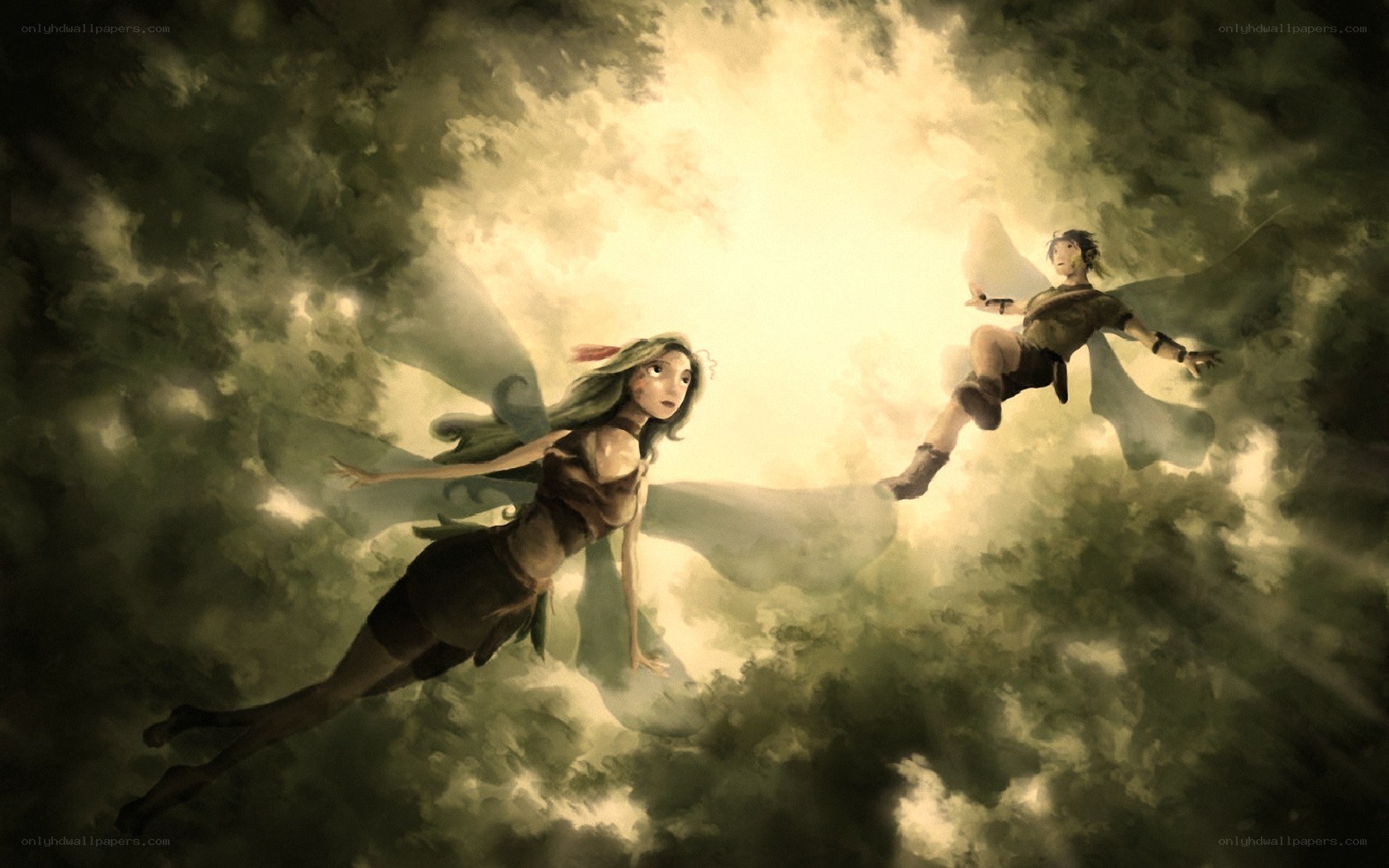 flying fairy and boy in clouds