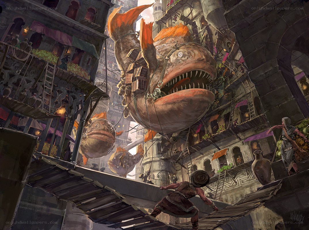 Flying fish in a city