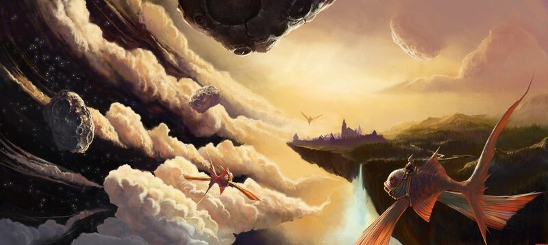 flying fish over a floating world