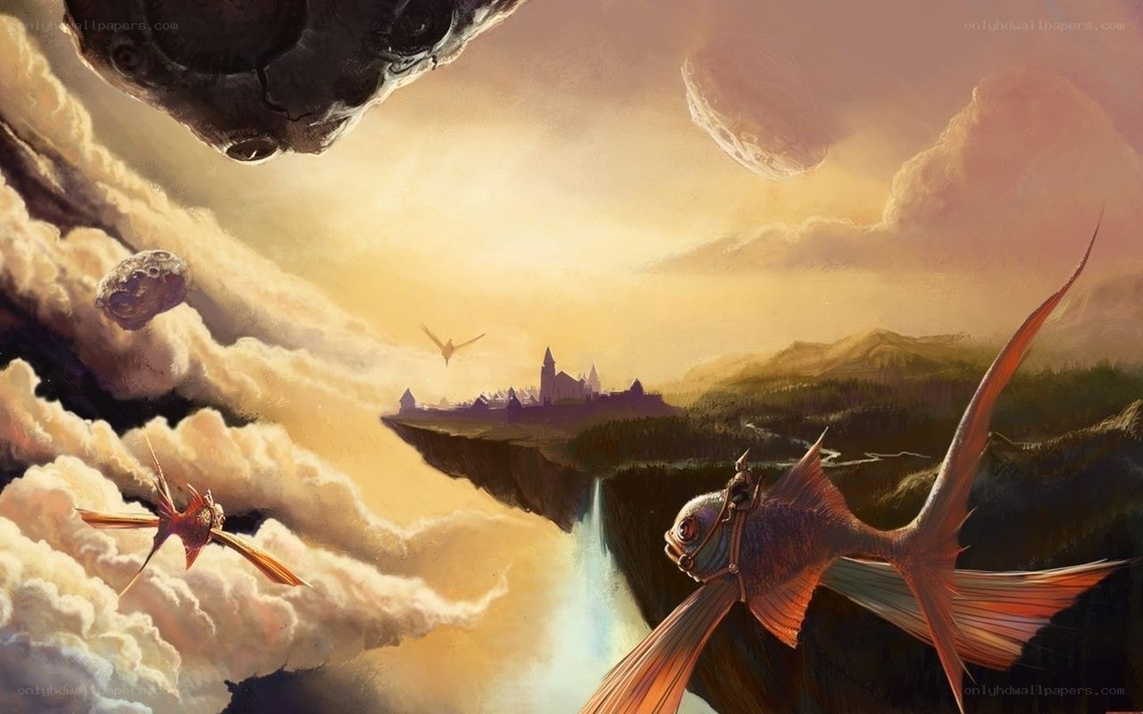 flying fish over floating city