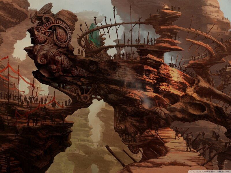 flying fortress in a canyon