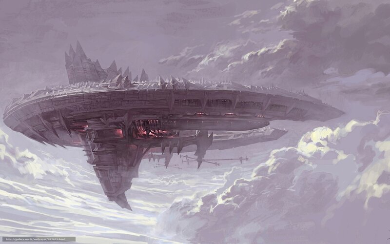flying fortress in clouds