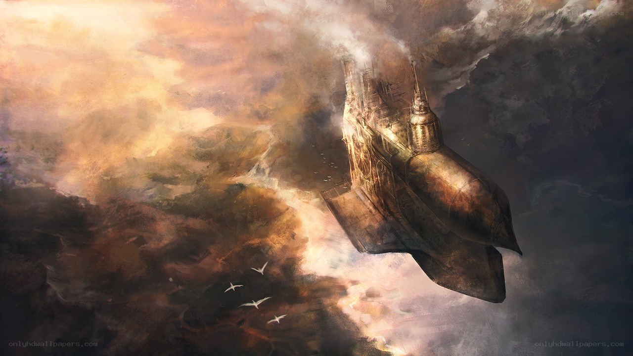 flying fortress in stormy sky
