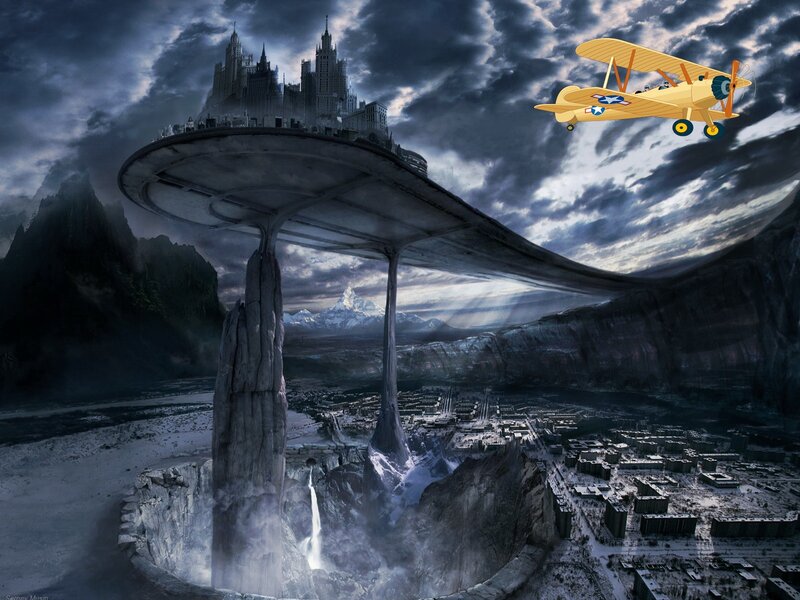 flying fortress over a ruined city