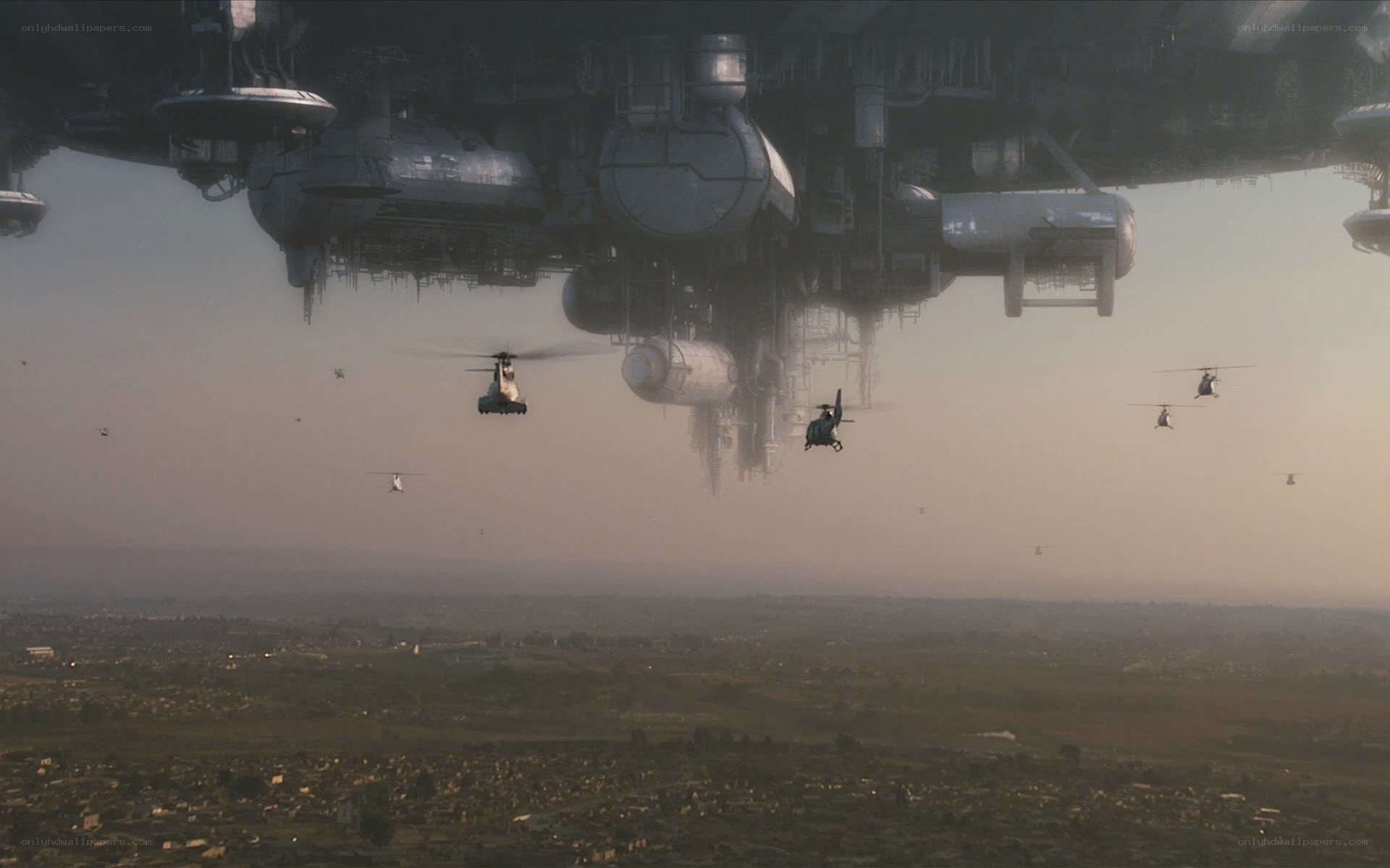 Flying fortress over city