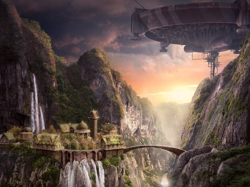 flying fortress over mountain village