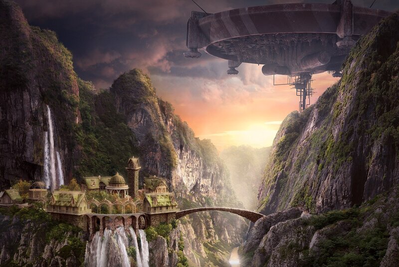 flying fortress over mountain village