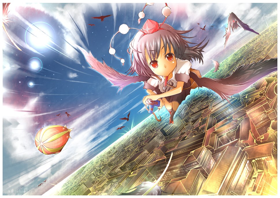 Flying girl over cityscape