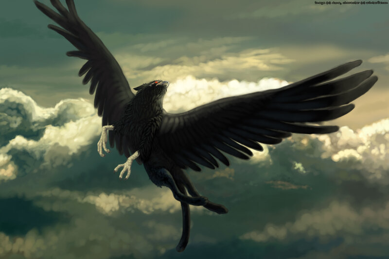 flying griffin in cloudy sky