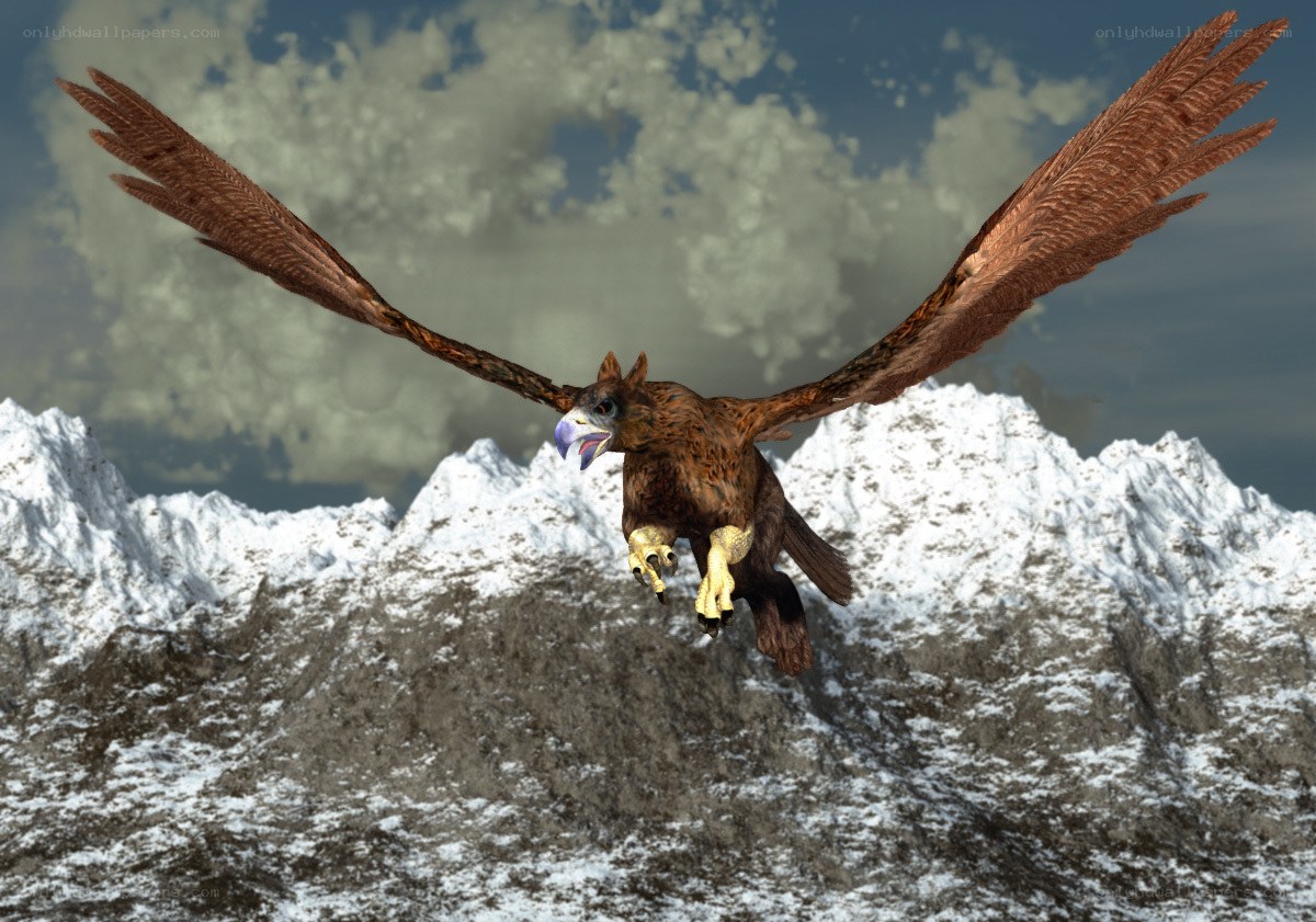 flying griffin over snowy mountains