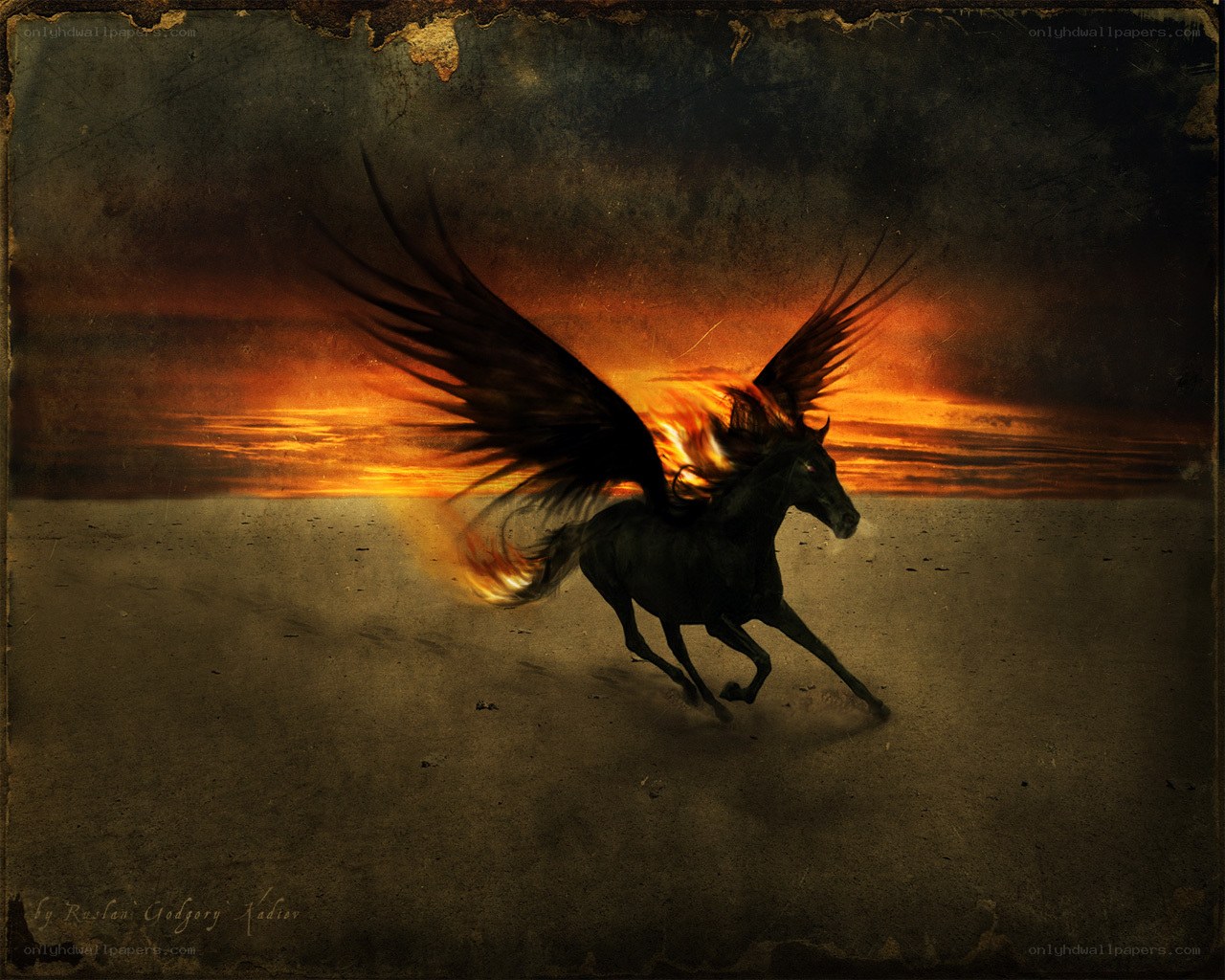 flying horse at sunset