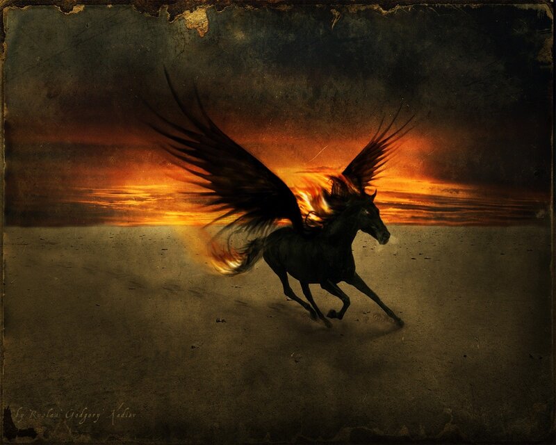 flying horse at sunset