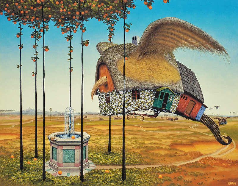 Flying house in a surreal landscape