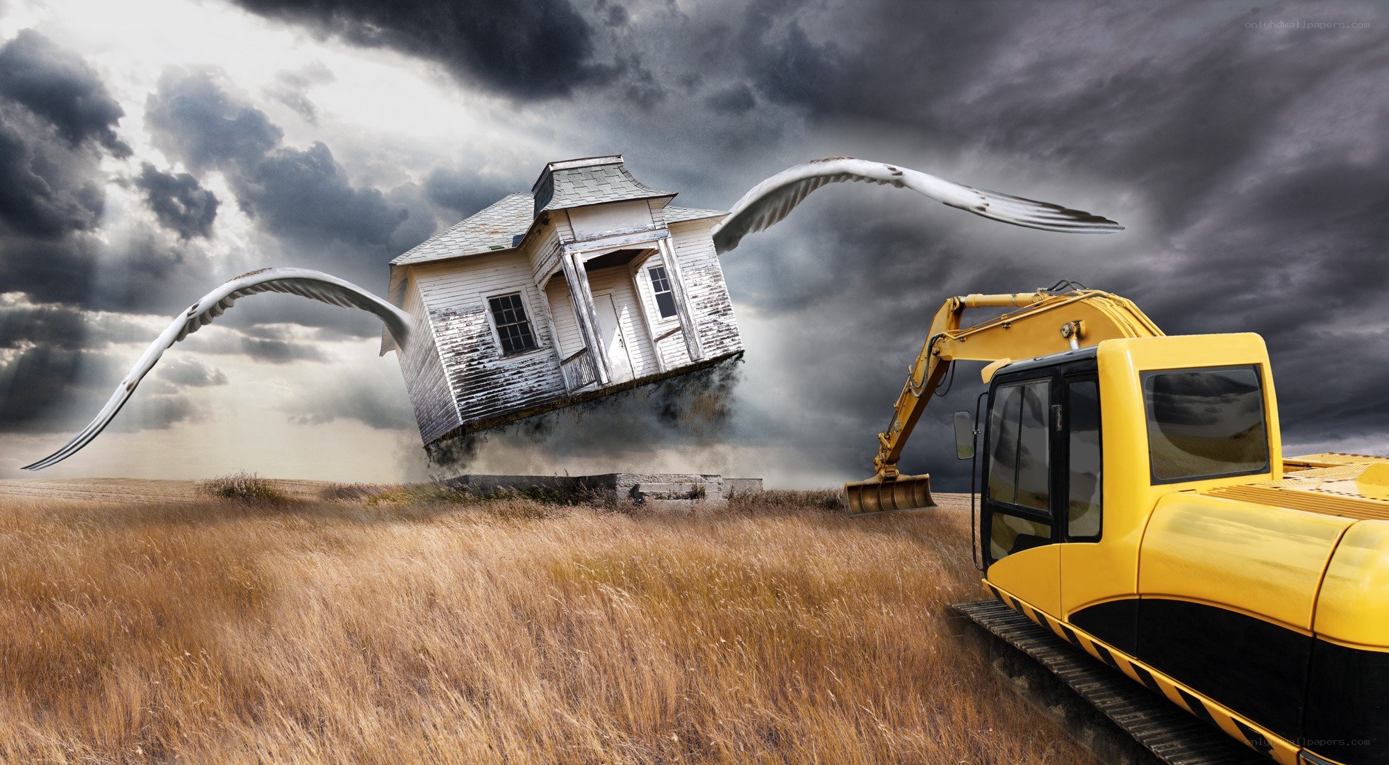 Flying house with excavator