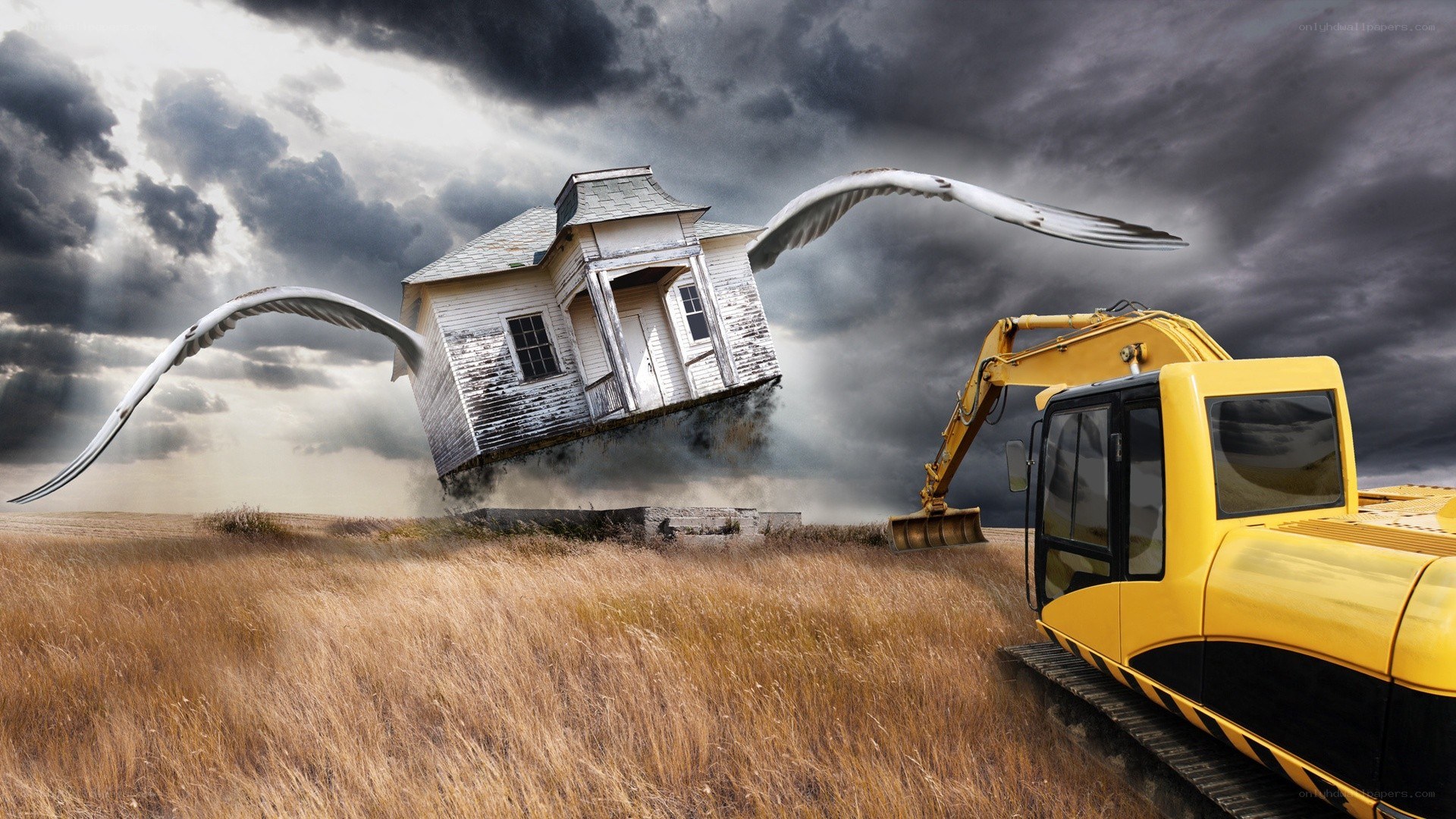 Flying house with excavator