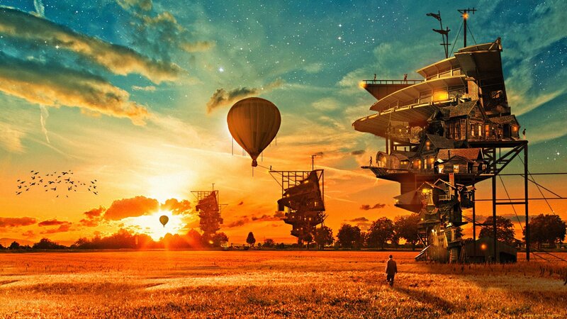 Flying Houses in Field — Orange