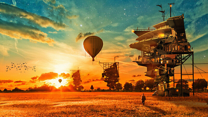 Flying Houses in Field