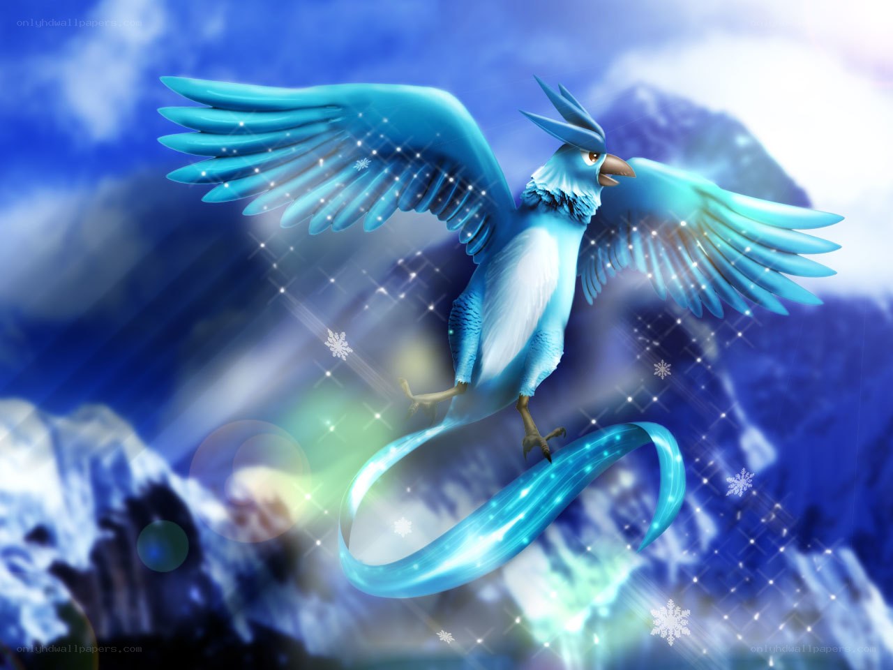flying ice bird in snowy mountains