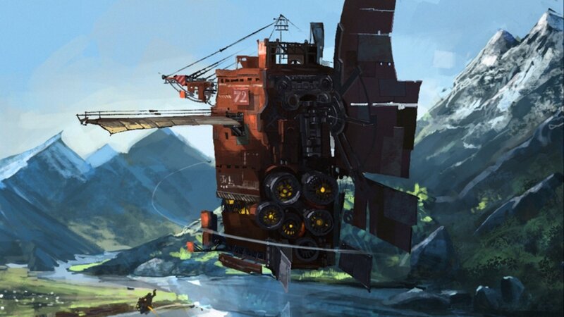 flying industrial rig over mountains