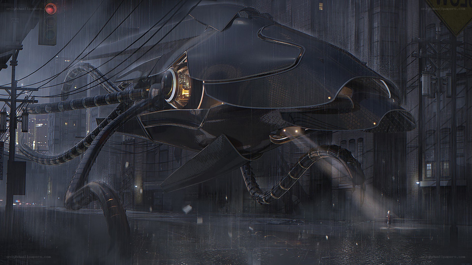 flying insectoid vehicle in rain