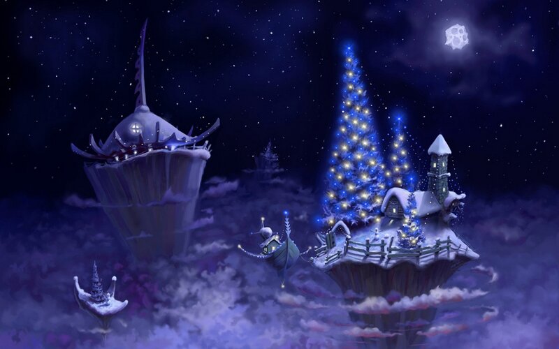 Flying Islands at Night — Blue, Magical, Digital Art, Christmas Tree