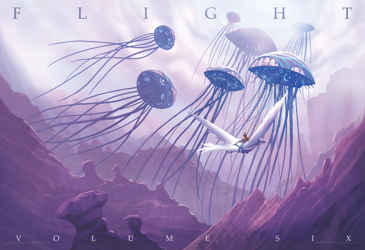 Flying jellyfish in purple canyon