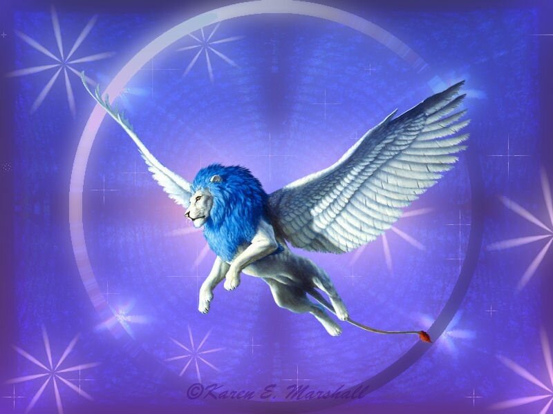 flying lion with blue mane