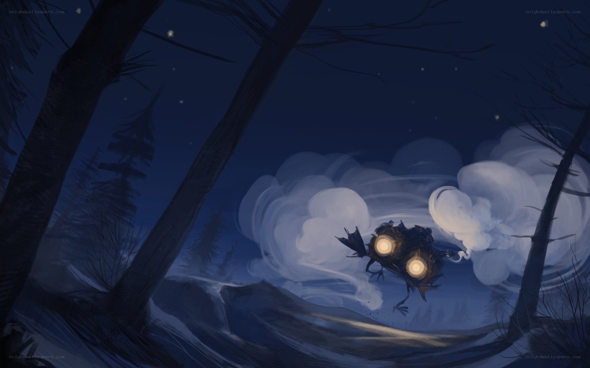 Flying machine in snowy forest