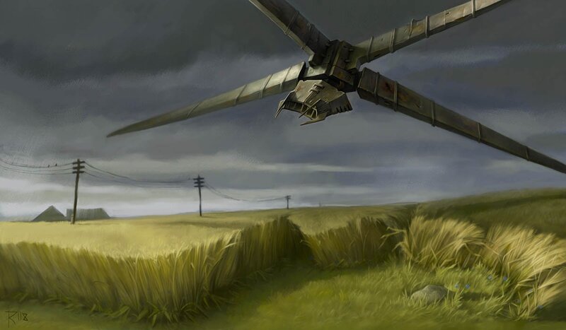 Flying machine over wheat field