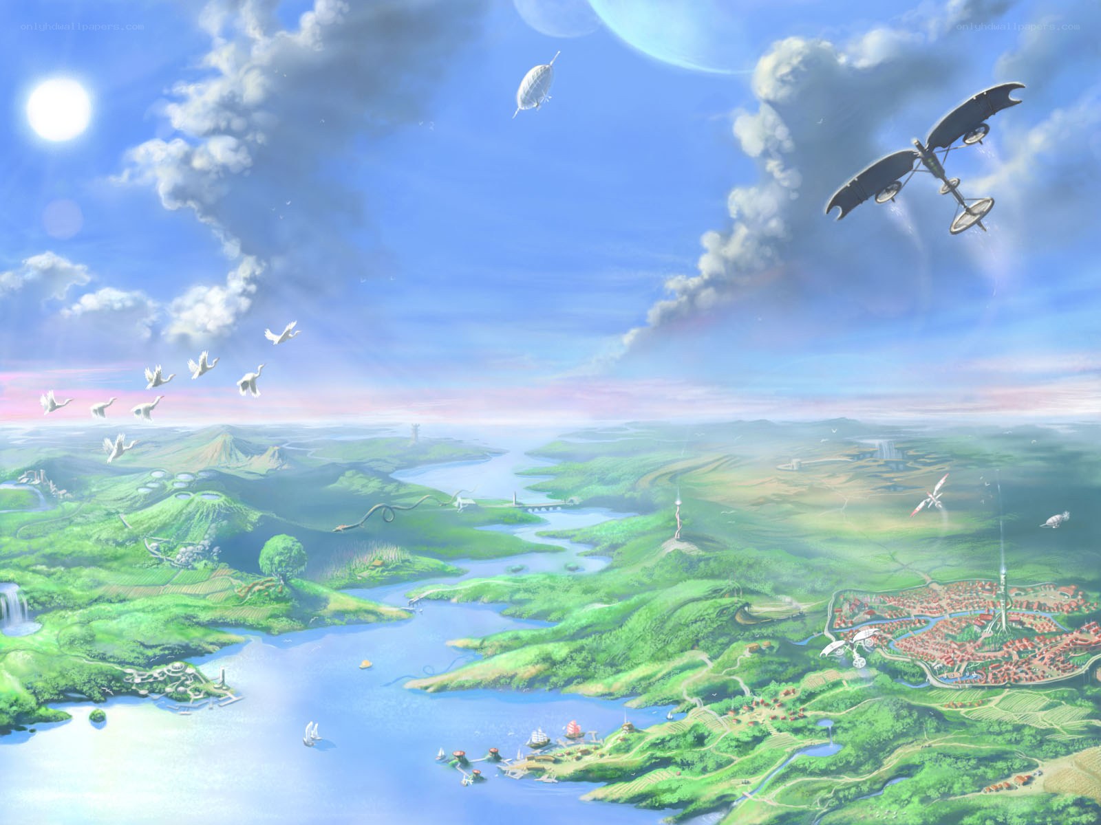 flying machines over green landscape